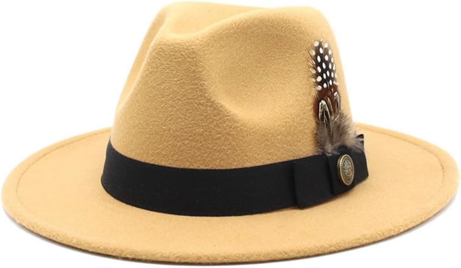 Classic Felt Fedora Hat, 2-Inch Wide Brim, 5-Inch Crown Height, Beige with Black Band and Feather