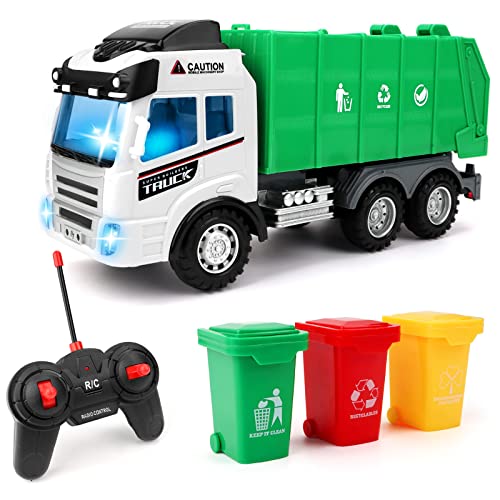deAO Véhicule de Camion à ordures de Construction d'ingénierie à télécommande avec Trois bacs, des Fonctions d'éclairage et de Sons incluses - Cadeau éducatif Amusant pour Les Enfants