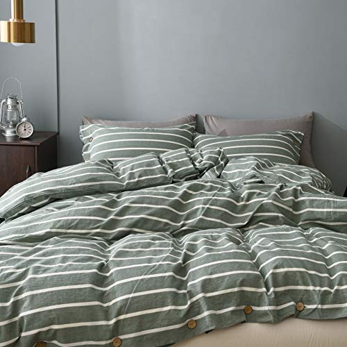 Jellymoni Striped 100% Washed Cotton Linen Like Duvet Cover Set, 3 Pieces Luxury Soft Bedding Set With Buttons Closure, Green Stripes Pattern Duvet Cover King Size(No Comforter) #TOP3
