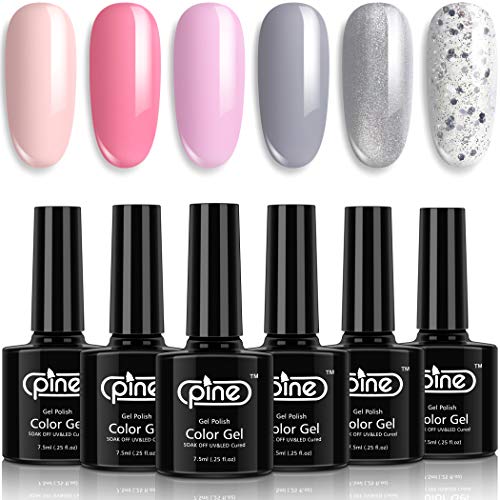 Pine Gel Nail Polish Set 6 Colors Pink Lavender Gray Silver Glitter 7.5ml Soak Off UV Nail Gel Home Manicure Kit