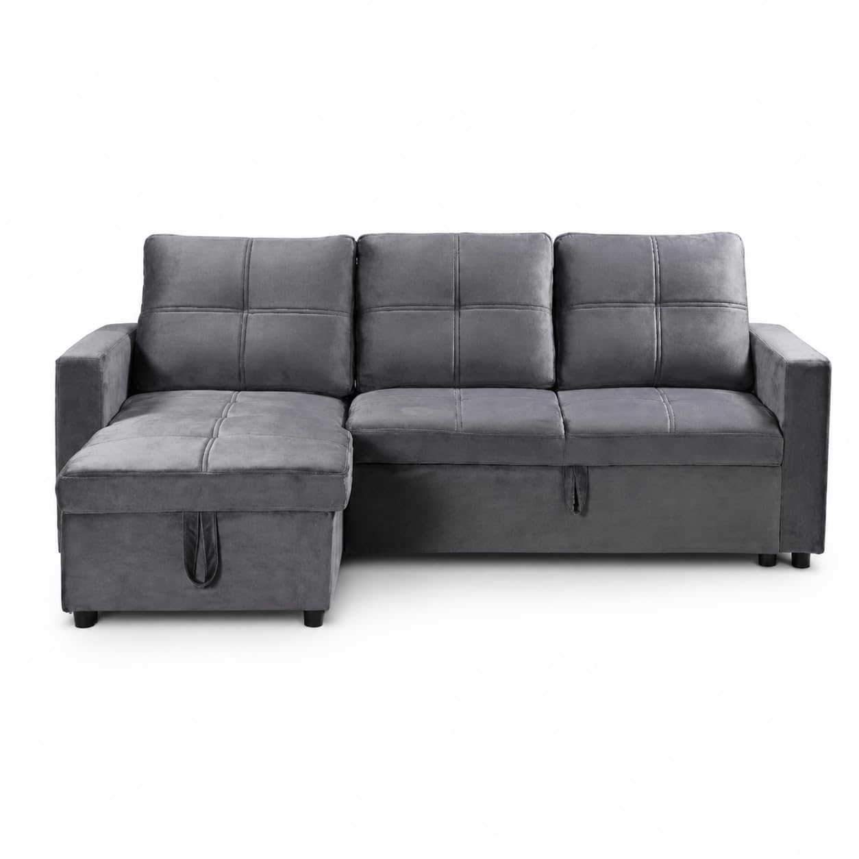 Sofá Cama Chaise Longue BOGA 3 Plazas Gris Terciopelo 215 x 135 cm - Cheslong Reversible con Arcón y Almacenamiento - Sistema de Arrastre - Tapizado Suave - Armazón Pino Macizo - Salón