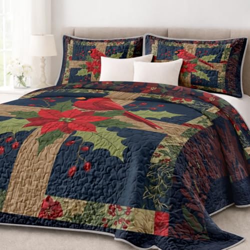 Sleepwish Christmas Cardinal Quilt Set Full/Queen Size Rustic Poinsettia Holiday