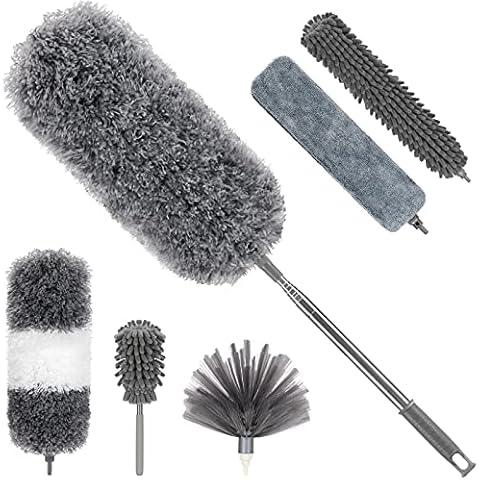 Microfiber Feather Duster Kit for High Ceiling (7 PCS),Dusters for Cleaning,Reusable Bendable Washable Cobweb Duster with 100" Extra Long Extension Pole for Cleaning Ceiling Fan,Furniture, Blinds, Car Cover
