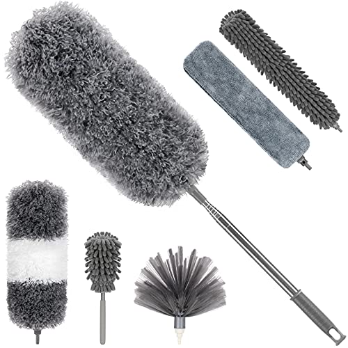 Image of Microfiber Feather Duster Kit for High Ceiling (7 PCS),Dusters for Cleaning,Reusable Bendable Washable Cobweb Duster with 100 inch Extra Long Extension Pole for Cleaning Ceiling Fan,Furniture, Blinds, Car
