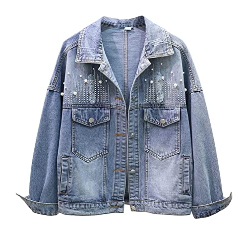 SDFGH Chaqueta de mezclilla de otoño Mujeres casuales pantalones vaqueros sueltos Chaquetas de acoplamiento de manga larga más tamaño Streetwear Denim Coat (Color : Blu, Size : XL code)