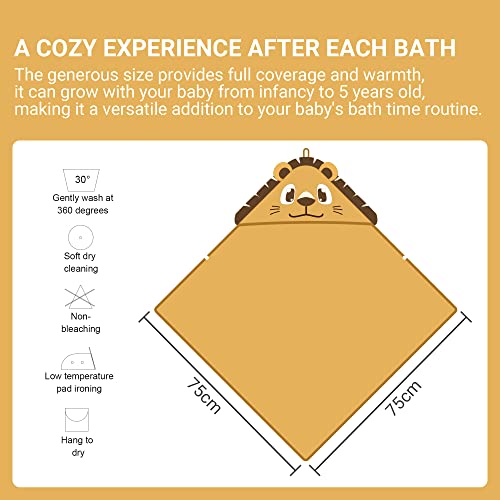 Image of MICHLEY Bamboo Viscose Baby Hooded Bath Towel for Boys and Girls, 29.5 x 29.5 Inch Ultra-Soft and Quick-Drying Infant Bathrobe (Lion)