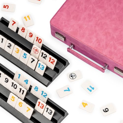 Lingle Rummy Cube Game Set, 2-4 Players with 106 Rummy Tiles and 4 Racks, Rummy Travel Game Set with Faux Leather Case, Fun Family Classic Board Games (Pink)