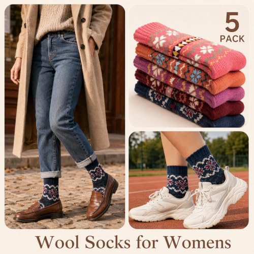 Image of Winter Women Socks 5 Pairs Vintage Wool Casual Thermal Crew Socks