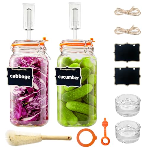 64oz Fermentation Jar Set - 2 Pack Glass Fermenting Kit with Weights, Airlocks, Brush & Sealed Lids for Tracking Fermentation Dates
