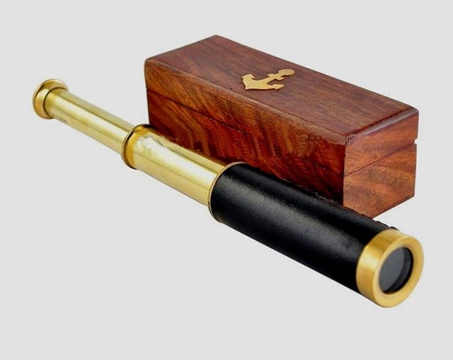 Nautical Replica Hub Antique marine brass pocket telescope 12" with wooden box