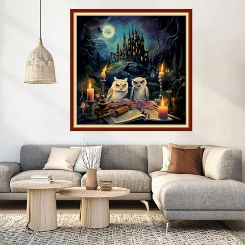 Image of DMCVIVR Stamped Cross Stitch Kits for Beginners Adults Needlepoint Kits for Beginners Embroidery Kits for Adults Crossstitch Kit for Beginners 11CT-Owl Castle 18x18 inch