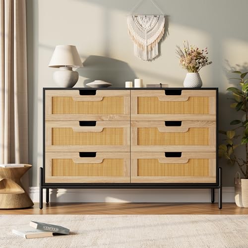GarveeHome Natural Rattan 6 Drawer Double Dresser, Wooden Chest of Drawer, Farmhouse Storage Cabinet with Solid Metal Legs, Modern Storage Unit for Bedroom, Living Room, Entryway, Black+Oak