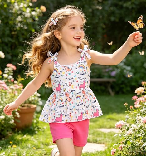 Image of Toddler Girls Clothes Summer Short Set Outfit Tie Knot Shoulder Sleeveless Ruffle Tops and Shorts 2PC Clothing Set