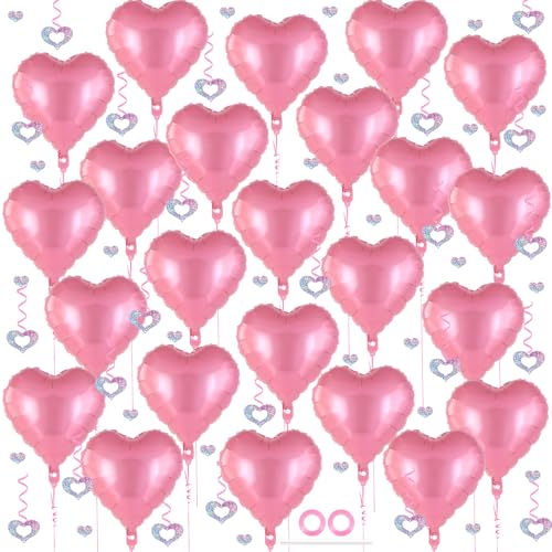 Image of 24 Pcs Pink Heart Balloons, 100 Pcs Heart Hanging Streamers, 18 Inch Heart Foil Balloons Valentine's Day Balloon Love Balloon for Valentines Day Proposal Wedding Party Decorations