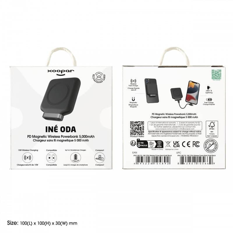 Xoopar Iné Oda Batería Magnética 5000 mAh de Piel Reciclada - Negro | Batería magnética de 5000 mAh en piel reciclada: recarga tu móvil 2 veces, puertos USB-C y Lightning
