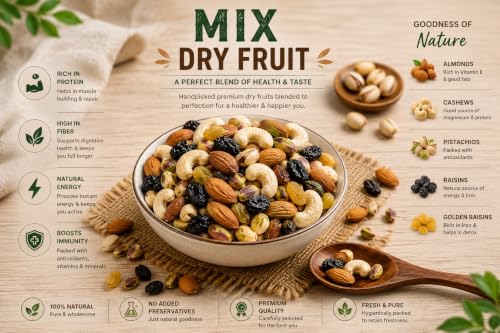 Image of MV PLATTER Premium Mix Dry Fruits | Healthy Mixed Nuts & Dry Fruits | Almonds, Cashews, Pistachios & Raisins 1 Kg