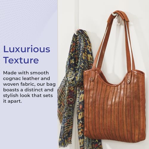 SAGEFINDS Genuine Leather and Textile Artisan Shoulder Bag, Women’s Purse with Magnetic Snap Closure, Cognac Brown Handbag with Multiple Pockets3