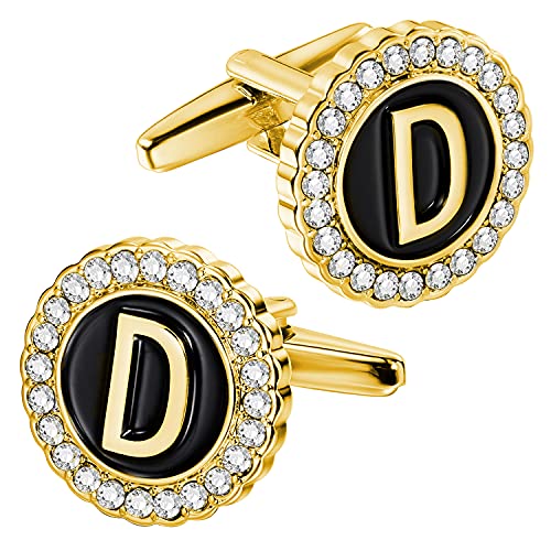 HAWSON A-Z Initial Cufflinks for Men and Women with Clear Crystal, 18K Gold Rasied Letter A-Z Cuff Links for French Shirt, Gift for Normal and Business Wearing