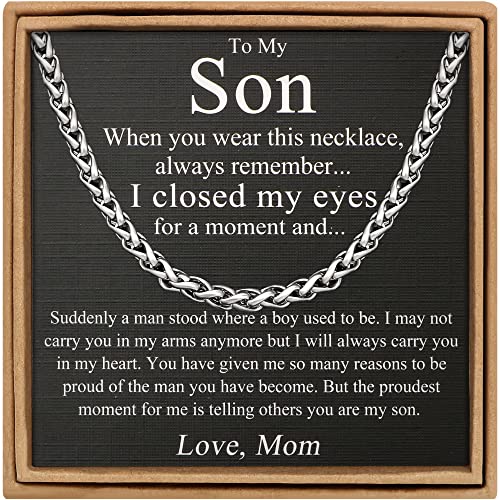 Image of JoycuFF Mens Spiga Wheat Link Chain Necklace for Son from Dad Mom Stainless Steel 5MM 22 Inches Hip Hop Birthday Granduation Jewelry for Men