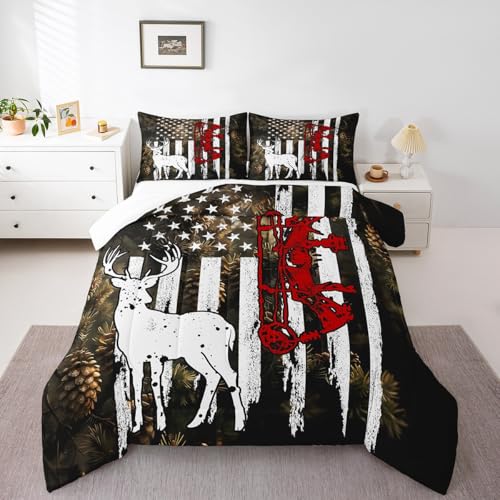 Manfei Deer Comforter Set Queen Size, Wildlife Elk Hunting Theme Bedding Set 3pcs for Kids Boys Teens Bedroom Decor, American Flag Deer Quilt Set Wild Animal Duvet Set with 2 Pillowcases
