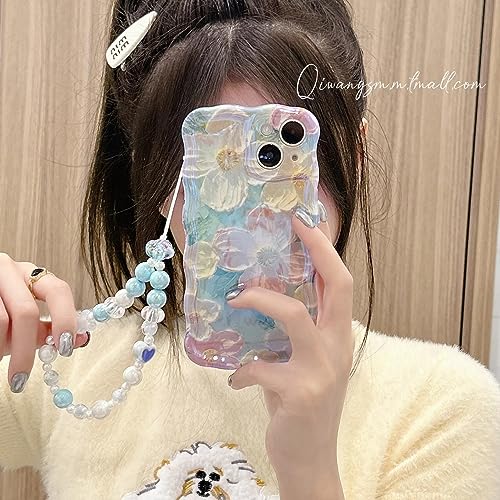 Ownest Compatible for iPhone 14 Case with Cute Holographic Sparkly Retro Oil Painting Flowers Design for Girls Woman TPU Slim Floral Cover+Colored Pearls Phone Charm-Green - Thumbnail 4