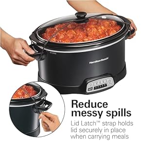 Hamilton beach portable 7 quart programmable slow cooker with three temperature settings lid latch strap for easy travel dishwasher safe crock black 33474g  urban country home decor