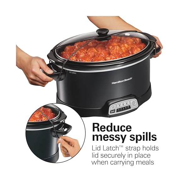 Hamilton beach portable 7 quart programmable slow cooker with three temperature settings lid latch strap for easy travel dishwasher safe crock black 33474g  urban country home decor
