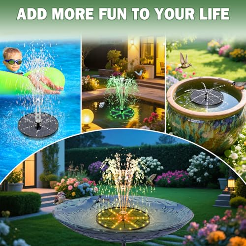 Yzert Upgraded Solar Fountain Bird Bath with 60 LED Lights, Solar Powered Water Fountain Pump with 4000mAh Battery 7 Nozzles 4 Fixers, for Garden Patio Pond Birdbath Pool