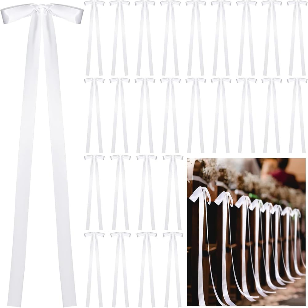 20 Stück Weiß Hochzeitsschleifen 25×120cm Lange Stuhlschleifen Groß Satin-Schleifen Einfach Autoschleifen Geschenkschleifen für Hochzeit Auto Stuhl Kirche Gang Kirchenbank Zeremonie Deko