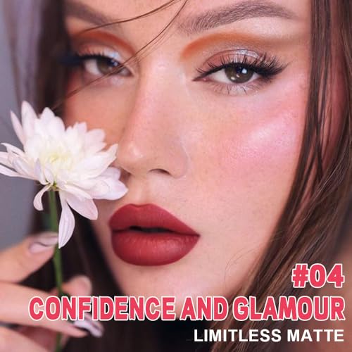 Image of evpct 1Pcs Ruby Red Matte Liquid Lipstick Lip Stain Sets for Women, Peony Flower Dark Red Matte+Lipstick Long Lasting Permanent 24 hr Hours Magic Lipstick 24 Hours original Waterproof, 04#
