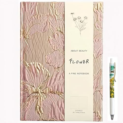 Simind Pretty Journal Gold Flower Cloth Cover Notebook Cute Notebook Pink Journal for Women Hardcover Floral A5, 6x8 Ruled Pages