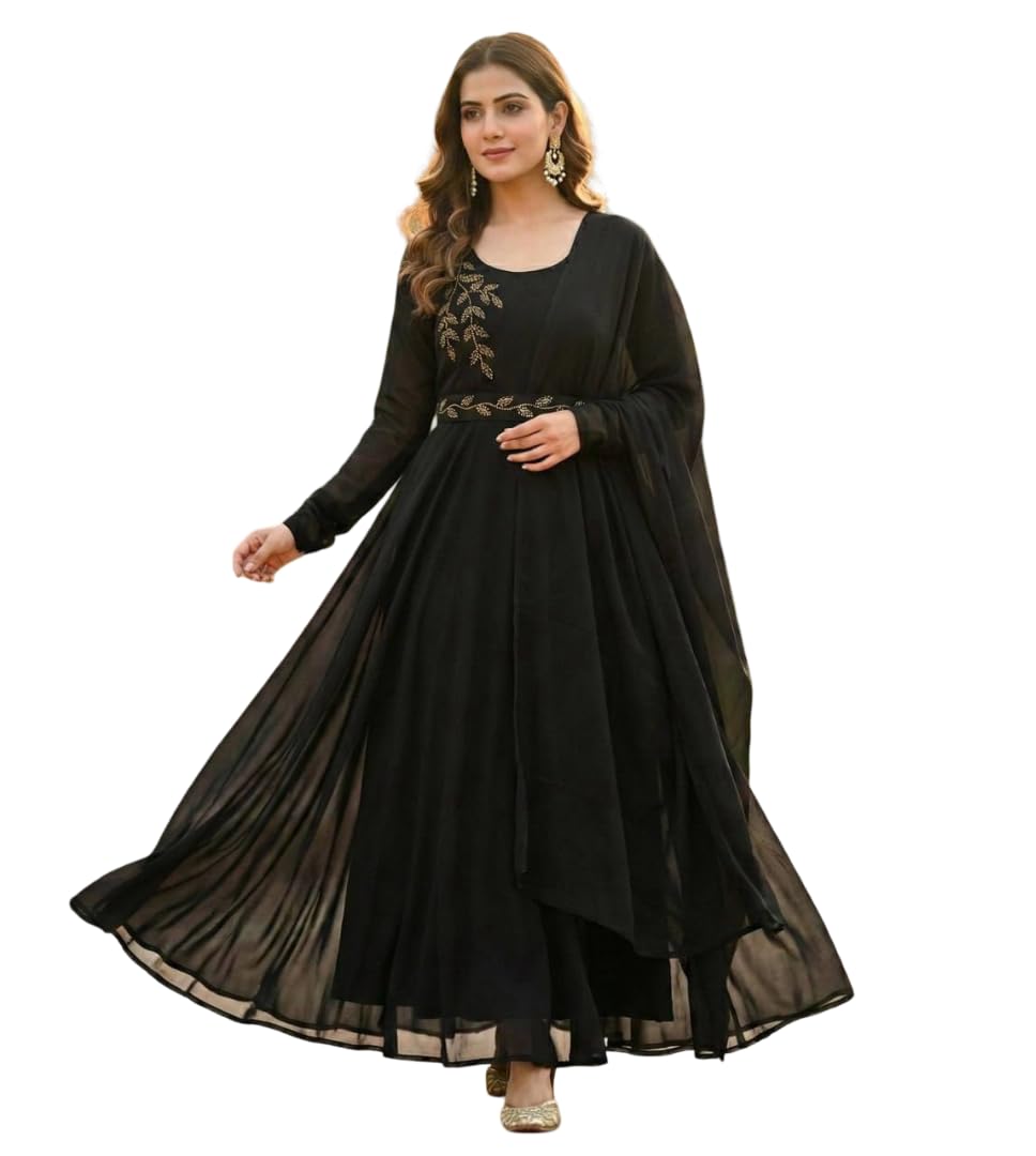 Women's Georgette Embroidered Anarkali Gown with Dupatta | Sleeveless Floor Length Ethnic Gown Set for Wedding Reception Engagement-image-34