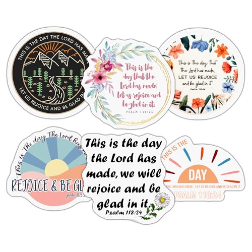 Pack of 6 Psalm 118:24 Christian Stickers – This Is the Day the Lord Has Made Let Us Rejoice and Be Glad – Waterproof Vinyl Bible Verse Decals, 3 Inch Matte for Laptop, Water Bottle, Journal & Planner