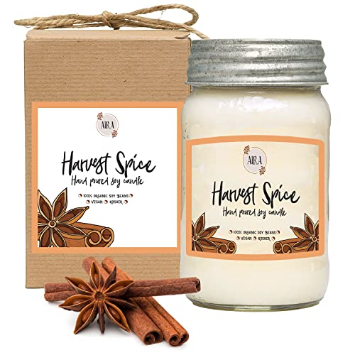Aira Soy Candles - Organic, Kosher, Vegan, In Mason Jar W/Therapeutic Grade Essential Oils - Hand-Poured 100% Soy Candle - Paraffin Free, Burns 110+ Hours - Fall Candle - Harvest Spice -16 Ounces #TOP12