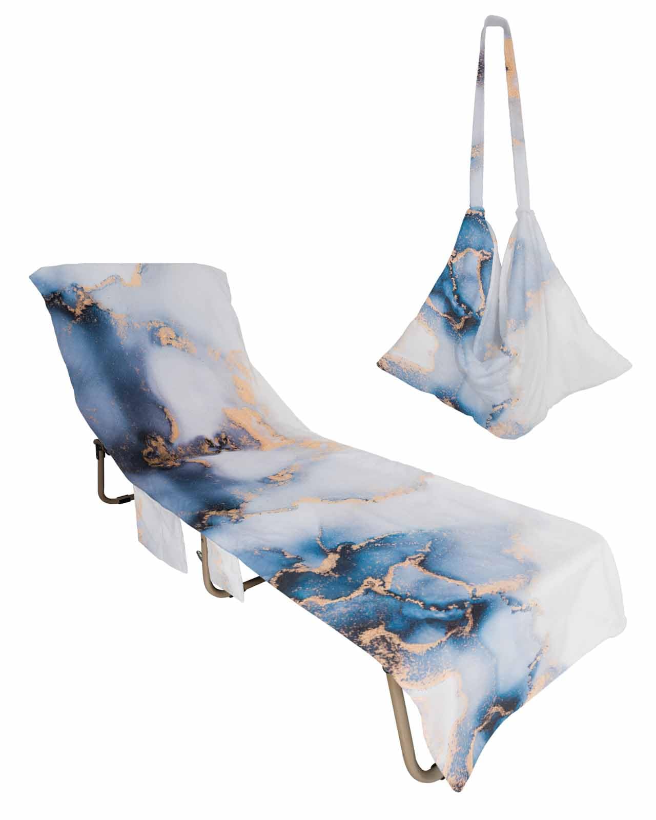 Blue Marble Beach Lounge Chair Towel Cover, Soft Chaise Lounge Towel with Side Pockets Patio Pool Chairs Cover for Beach/Pool Sunbathing 29x85 Modern Abstract Art Ink Painting