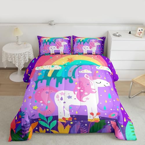 Image of Feelyou Cute Rainbow Unicorn Comforter Twin Size, Girls Cute Unicorn Comforter for Kids Toddler Rainbow Star Galaxy Stars Fantasy Bedding Set Purple Dreamy Horse Printed Duvet Set Microfiber Bed Set