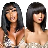 Ruiyu 12 Inch Wig with Bangs Human Hair 250 Density 2x4 Bob HD Lace Closure Front Silky Straight Wigs Human Hair Glueless Ready to Wear and Go for Beginners 100% Brazilian Human Hair for Black Women