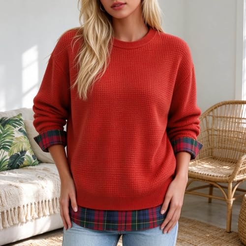 Womens Waffle Knit Christmas Sweatshirts Plaid Shirt Patchwork Crewneck Top - image 2