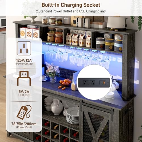 Image of 63 inchWide 58 inchH Farmhouse Coffee Bar Cabinet with Power Outlet and LED Light,Wine Bar Cabinet w / 4 Storage Hutch,Kitchen Buffet Cabinet with 15 Wine and Glass Racks for Kitchen Dining Room(Dark Oak)