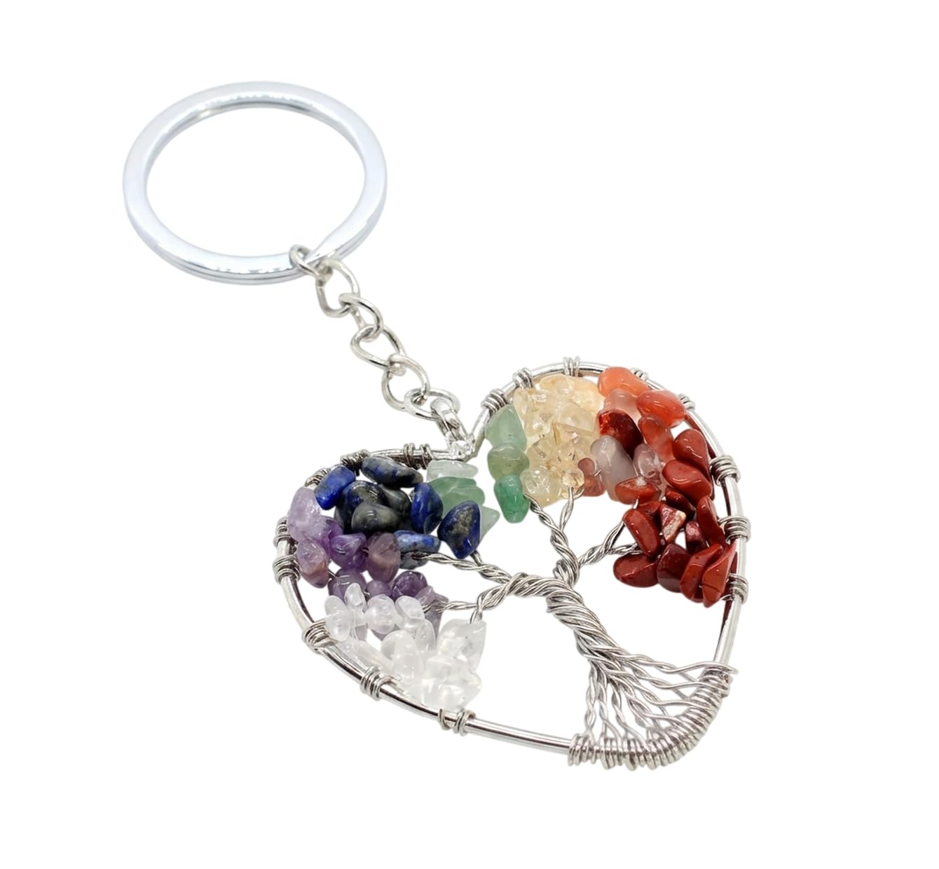 Eillwin Tree of Life Heart 7 Chakra Keyring Gemstone Charm Keychain