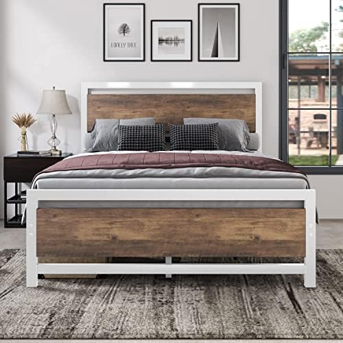 HOMBCK Queen Bed Frame, Queen Platform Bed Frame with Wood Headboard and Footboard, Heavy Duty Steel Slat Supports, Under Bed Storage, No Box Spring Needed, Easy Assembly, Noise Free, White