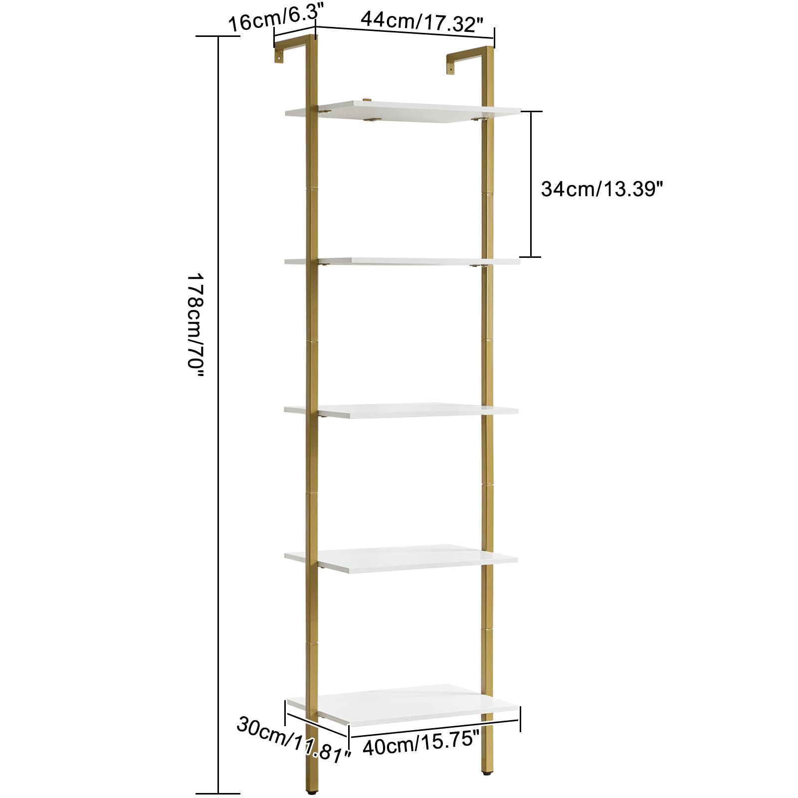 YMYNY Leiterregal mit 5 Ebenen, Bücherregal, DIY Standregal, Regal aus Holz, Metallrahmen, Wandmontage, für Bücher, Dekoration, Pflantzen, für Wohnzimmer, Büro, Balkon, Weiß HBC015W