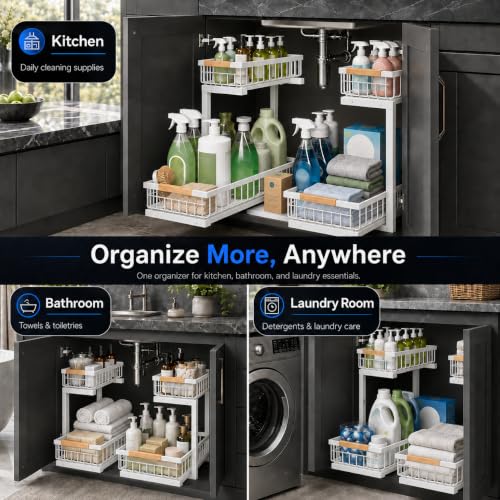 Image of Under Sink Organizer 2 Pack, Double Slide Out Metal Shelf, White