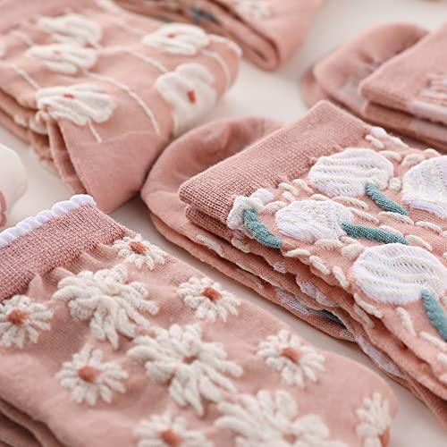Women Vintage Pink Floral Patterned Cute Ruffle Cotton Ankle Socks 5 Pairs4