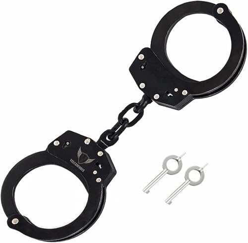 vulcanforce Handcuffs Law Enforcement - Heavy Duty Steel Chain Hand Cuffs - Includes 2 Keys - Extra Sturdy Double Lock - 16 Locking Positions Fit Most Wrists - Perfect for Security, Training (Black)