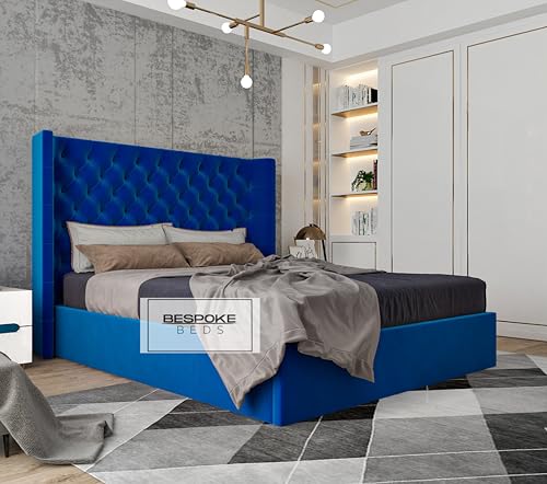 Image of Upholstered Bed Frame, Winged Bed Frame, Ottoman Storage Beds Frame, Plush Velvet Bed Frame (Navy Blue Plush Velvet, 4FT6 DOUBLE)