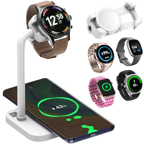 FEIFANZHE 2 in 1 Universal Wireless Charging Dock with Adjustable Smartwatch Stand, Compatible with Samsung/Google/Pixel/Fossil/Fitbit/Garmin/Huawei/AMAZTIM/Amazfit/Suunto/xiaomi(2SW-W)