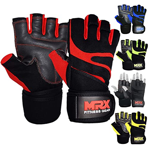 MRX BOXING & FITNESS Gewichtheberhandschuhe mit integrierter Handgelenkbandage, halbe Finger, Bodybuilding-Handschuhe, Größe L, Rot Cover