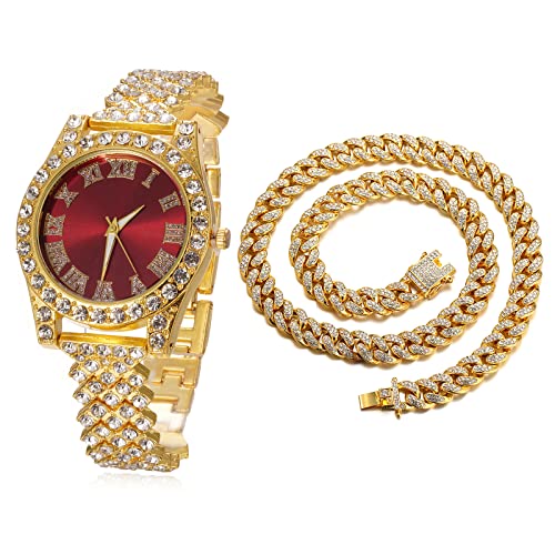 Image of Halukakah Diamonds Gold Watch Iced Out, Kid's 18K Real Gold /Platinum White Gold Plated 36MM Width Green /Blue /Red Dial Quartz Wristband 8 inch with Cuban Link Chain 7 inch+16 inch Bracelet, Free Giftbox