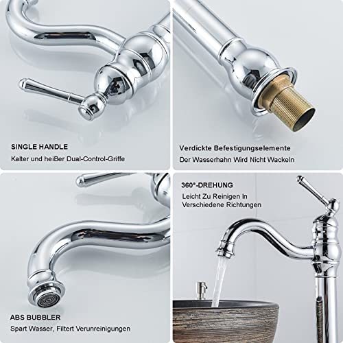 FWZZQ Wasserhahn Bad Hoch Retro, Waschtischarmatur Chrom, 360°Drehbar Armatur Waschbecken, Einhebel Mischbatterie Badarmatur aus Messing Hoher Auslauf für Badezimmer